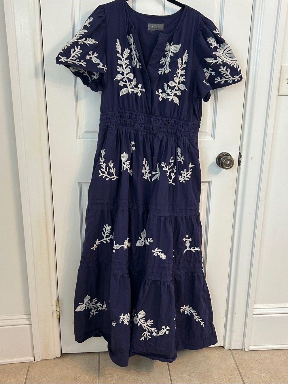 Anthropologie Navy Dress with White Floral Embroidery